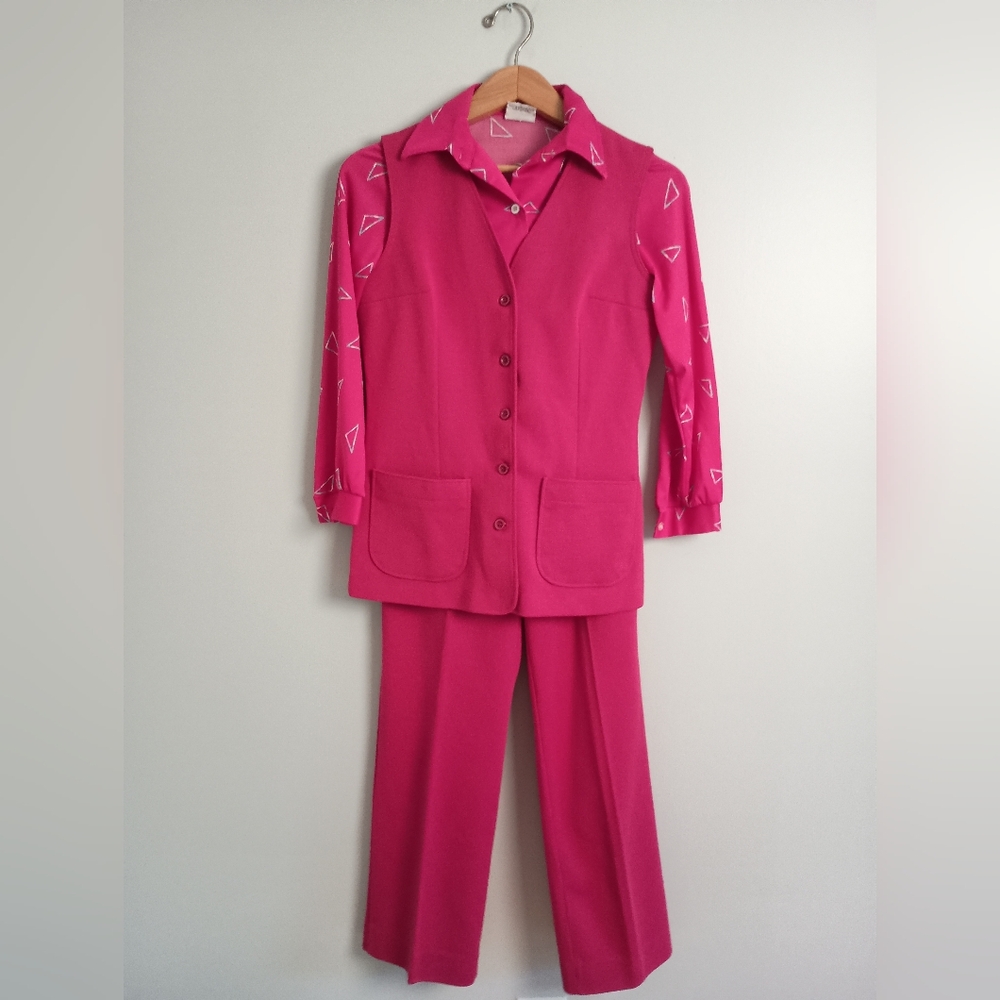 70's Alfred Dunner- Playful Ruby Pink 3 Piece Polyester Pant Suit- Size S
